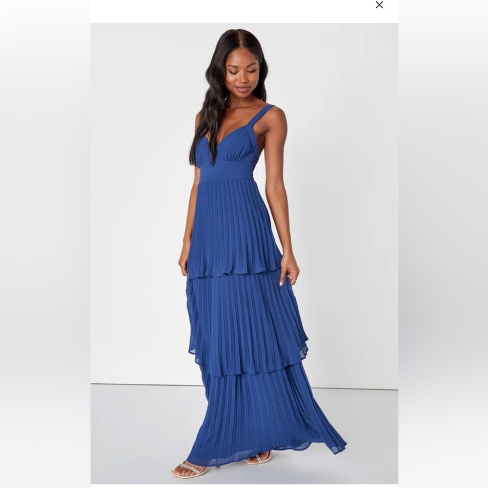 Blue Pleated Tiered Backless Maxi Dress